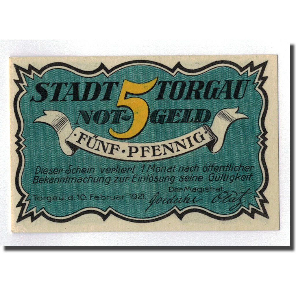 Banknote, Germany, Torgau, 5 Pfennig, personnage, 1921, 1921-02-10, UNC(63)