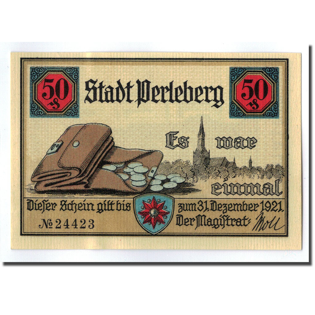 Banconote, Germania, Perleberg, 50 Pfennig, statue, 1921, SPL, Mehl:1056.1