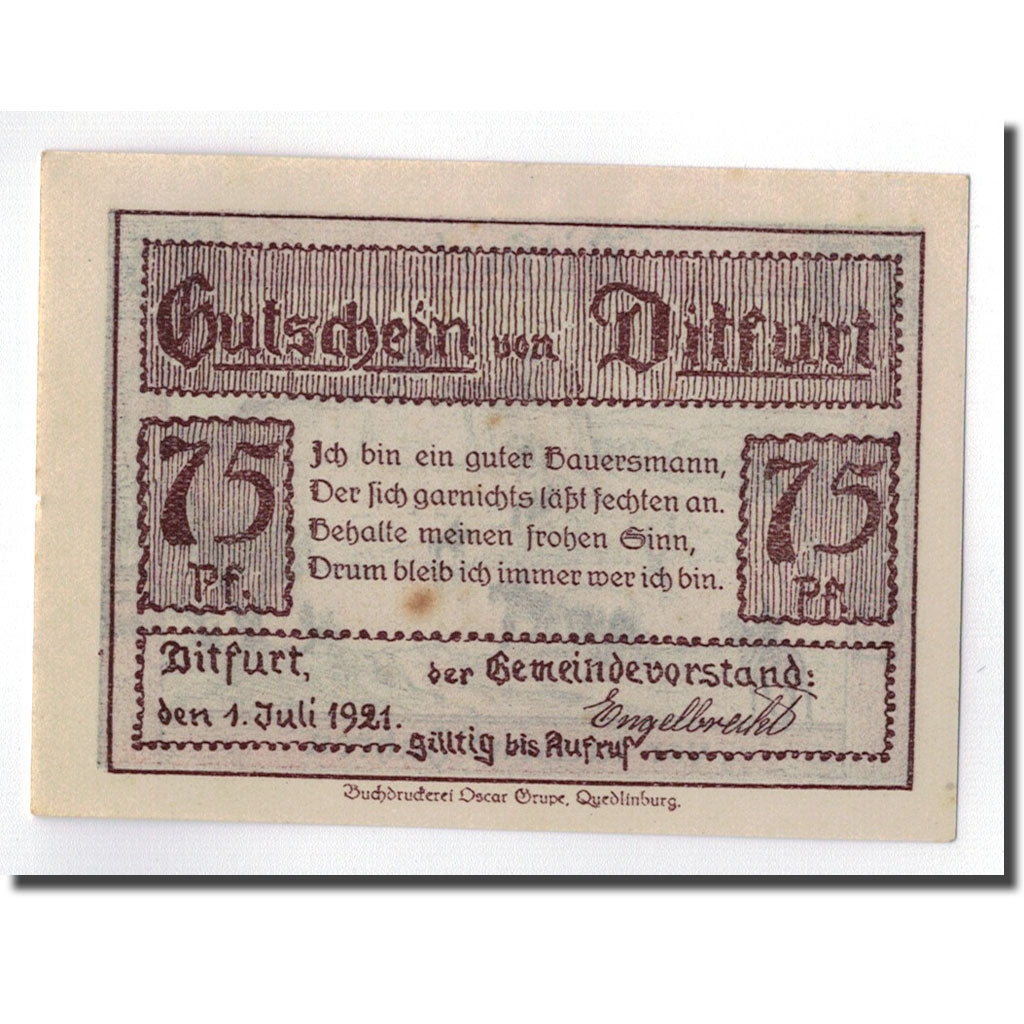 Billet, Allemagne, Ditfurt Gemeinde, 75 Pfennig, paysage, 1921, 1921-07-01, SPL