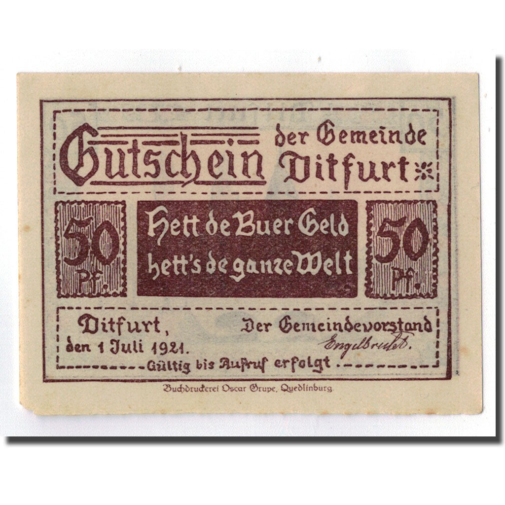 Banconote, Germania, Ditfurt Gemeinde, 50 Pfennig, paysage, 1921, 1921-07-01