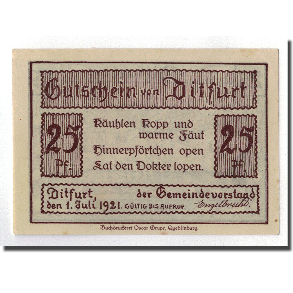 Banconote, Germania, Ditfurt Gemeinde, 25 Pfennig, paysage, 1921, 1921-07-01