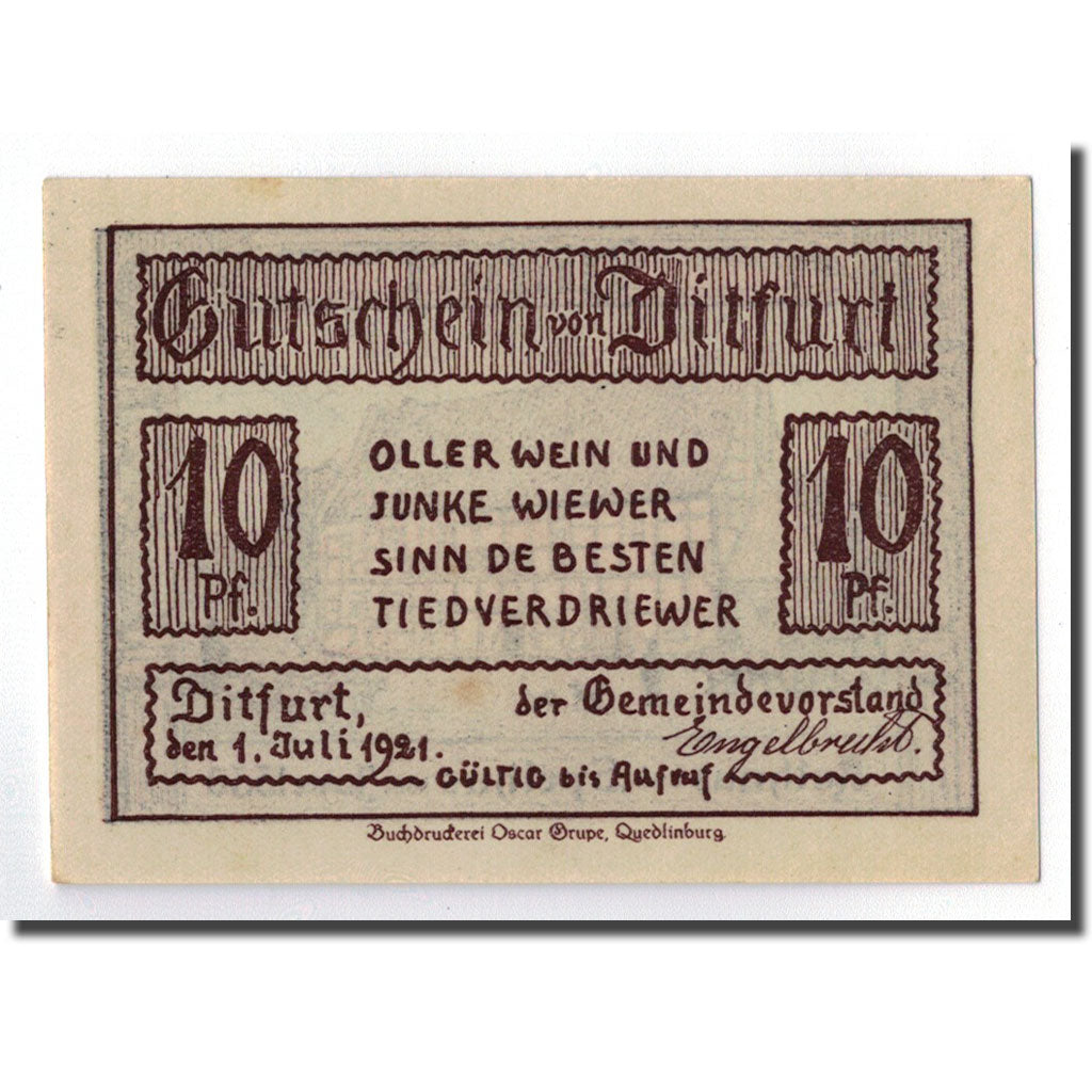 Banknot, Niemcy, Ditfurt Gemeinde, 10 Pfennig, paysage, 1921, 1921-07-01