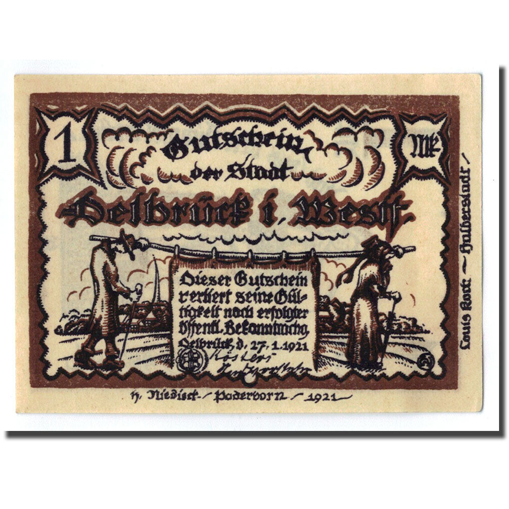 Biljet, Duitsland, Delbruck, 1 Mark, personnage, 1921, 1921-01-27, SPL