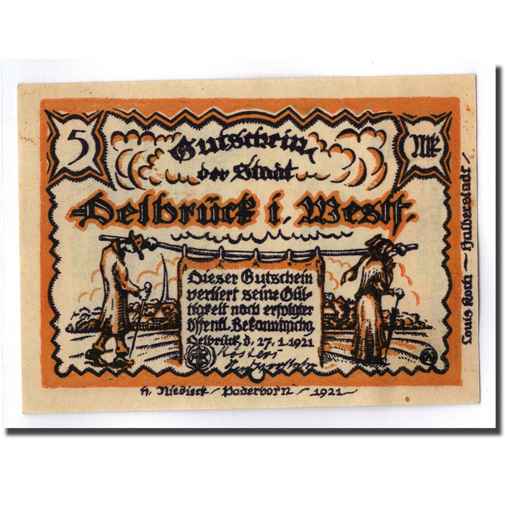 Banconote, Germania, Delbruck, 5 Mark, personnage, 1921, 1921-01-27, SPL