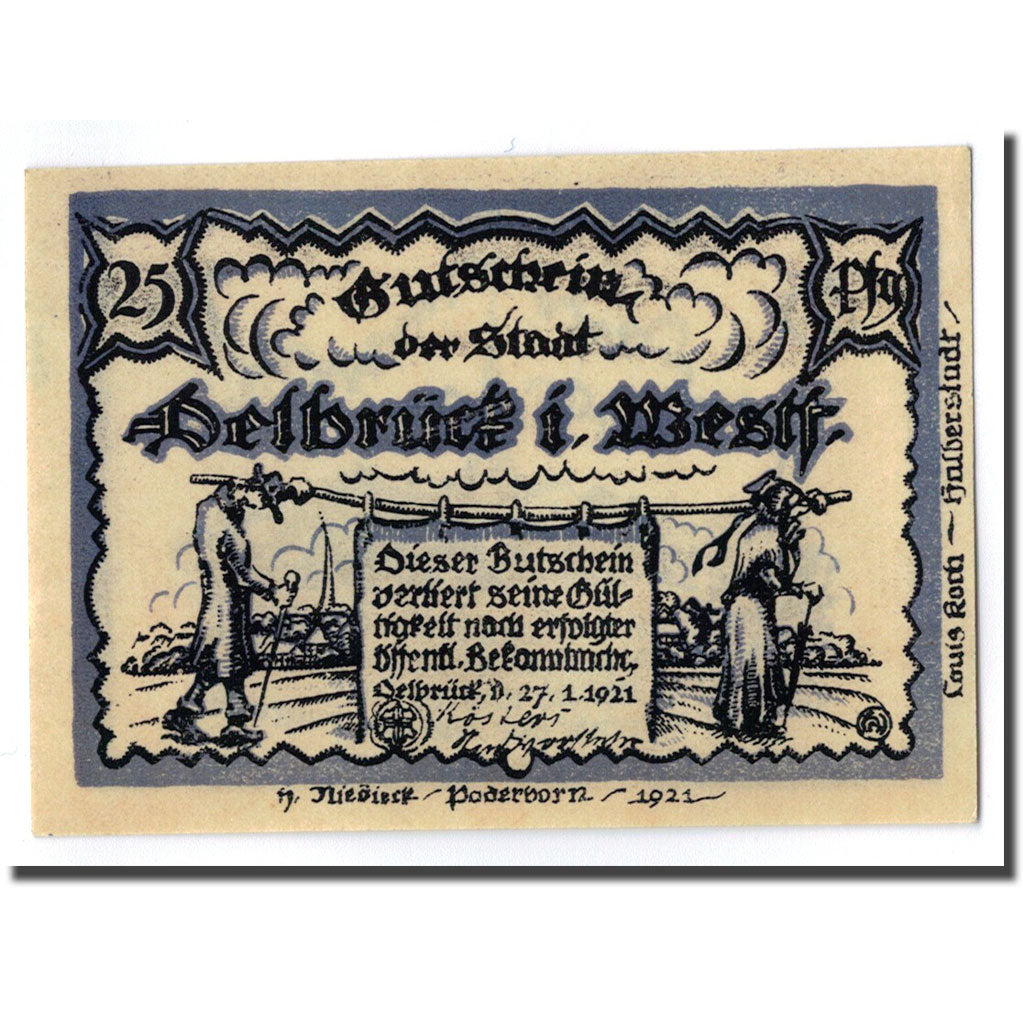 Banconote, Germania, Delbruck, 25 Pfennig, paysage, 1921, 1921-01-27, SPL