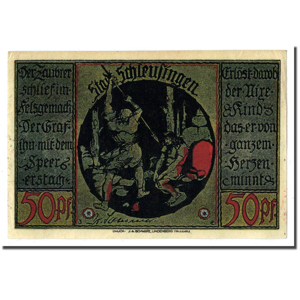 Banconote, Germania, Schleusingen Stadt, 50 Pfennig, personnage, O.D, SPL