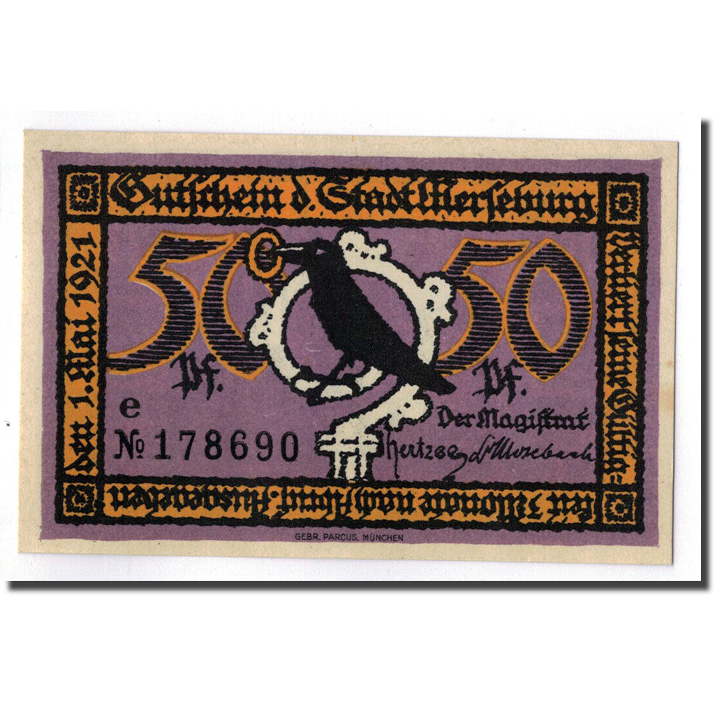 Banconote, Germania, Merseburg Stadt, 50 Pfennig, paysage 1, 1921, 1921-05-01