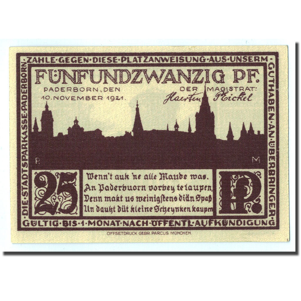Billet, Allemagne, Paderborn, 25 Pfennig, paysage, 1921, 1921-11-10, SPL