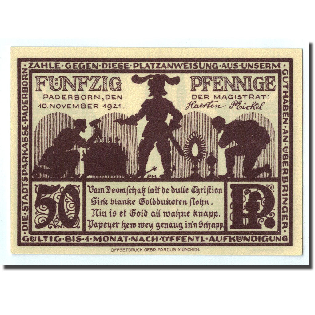 Billet, Allemagne, Paderborn, 50 Pfennig, Eglise, 1921, 1921-11-10, SPL