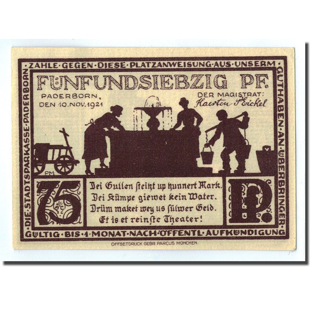 Banknote, Germany, Paderborn, 75 Pfennig, Monument, 1921, 1921-11-10, UNC(63)