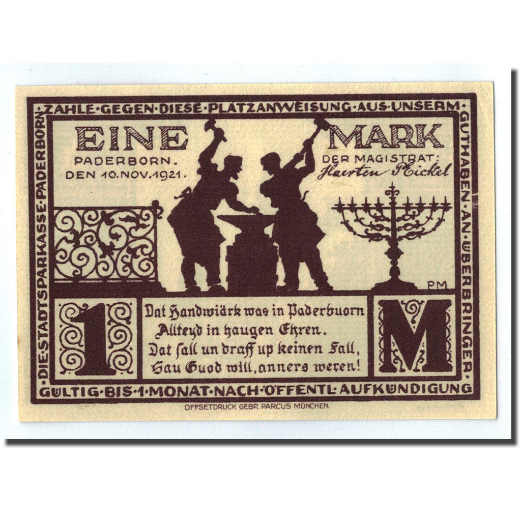Billet, Allemagne, Paderborn, 1 Mark, paysage, 1921, 1921-11-10, SPL