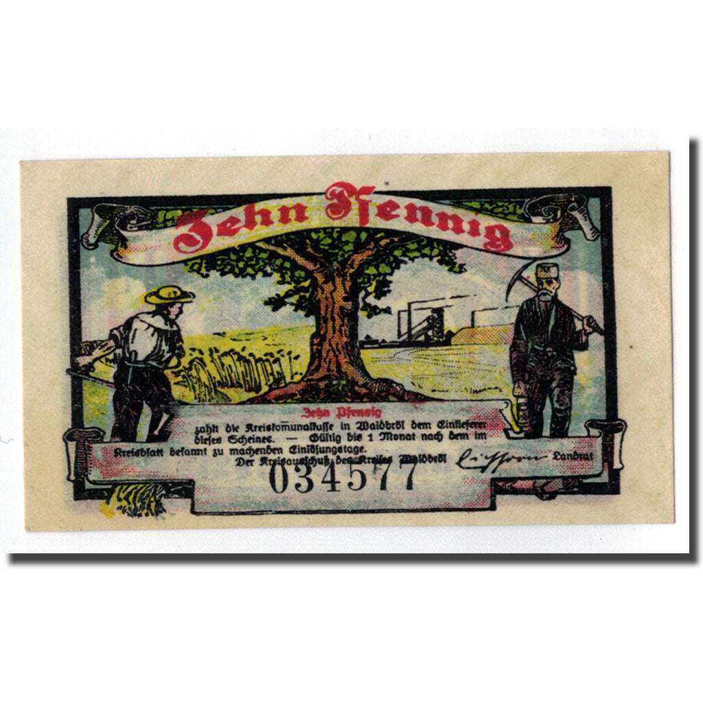 Banconote, Germania, Waldbröl, 10 Pfennig, personnage, 1921, SPL, Mehl:1370.1