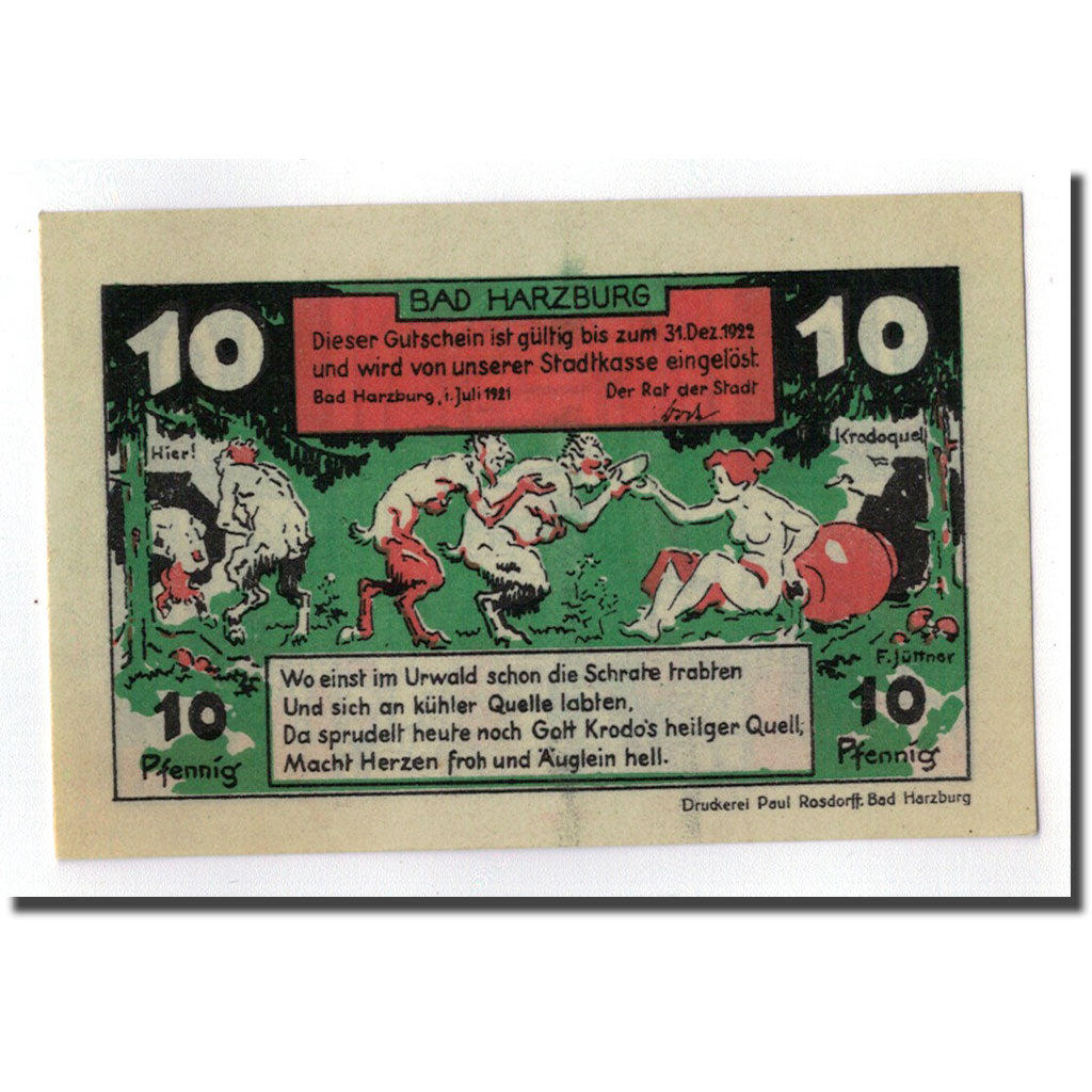 Banconote, Germania, Harzburg, 10 Pfennig, personnage, 1921, SPL, Mehl:581.1a