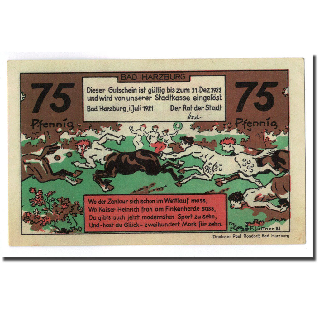 Banconote, Germania, Harzburg, 75 Pfennig, personnage, 1921, SPL, Mehl:581.1a