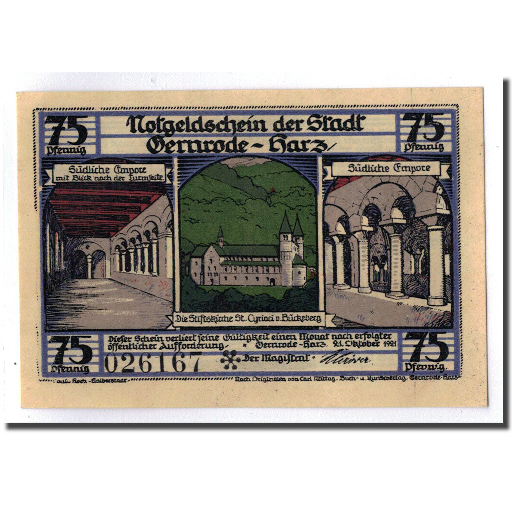 Banconote, Germania, Gernrode a. H., 75 Pfennig, château, 1921, 1921-10-21