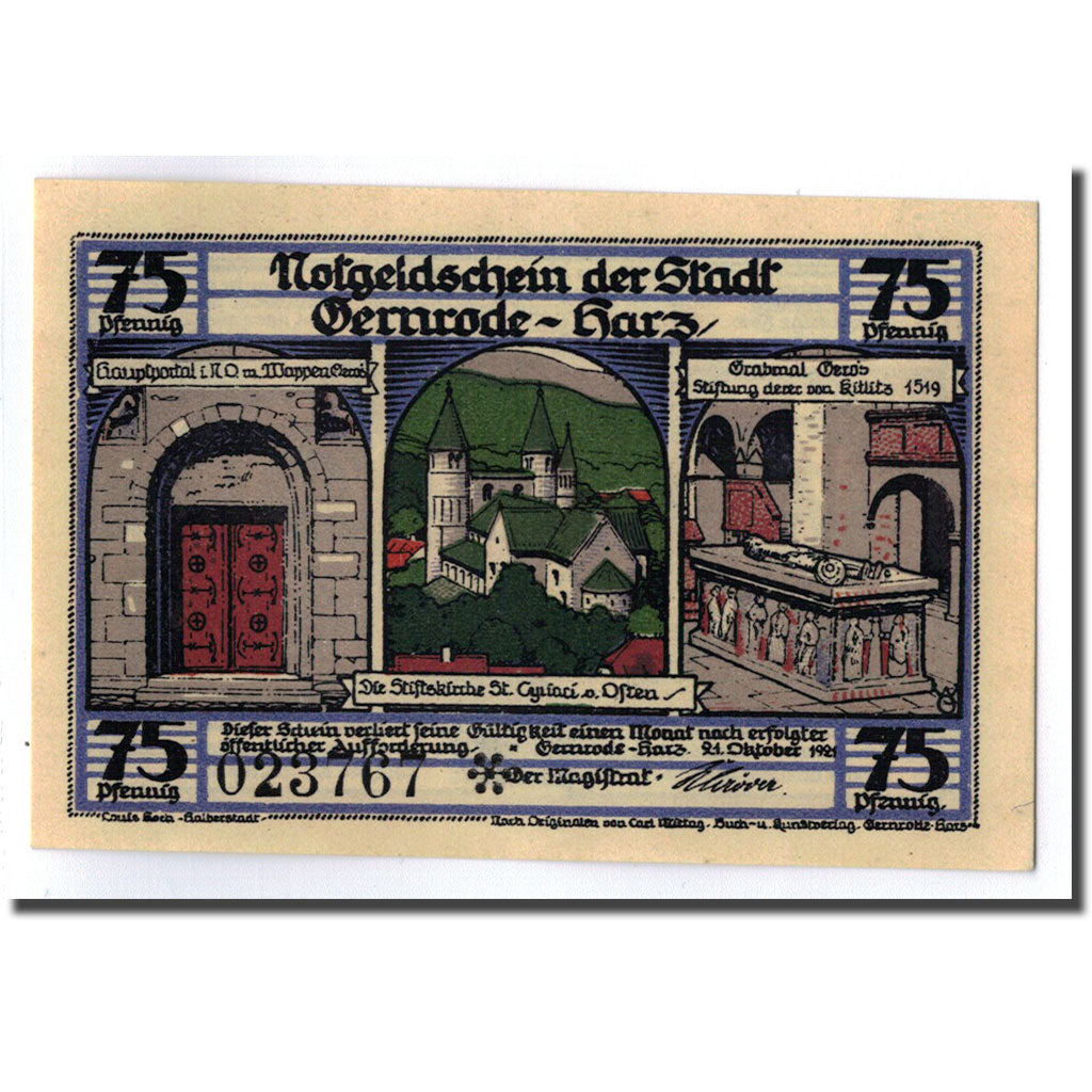 Banconote, Germania, Gernrode a. H., 75 Pfennig, chateau 1, 1921, 1921-10-21