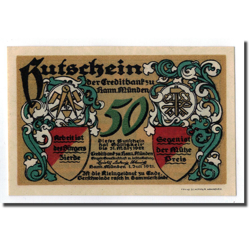 Billete, Alemania, Hann. Münden, 50 Pfennig, paysage, 1921, 1921-07-01, SC