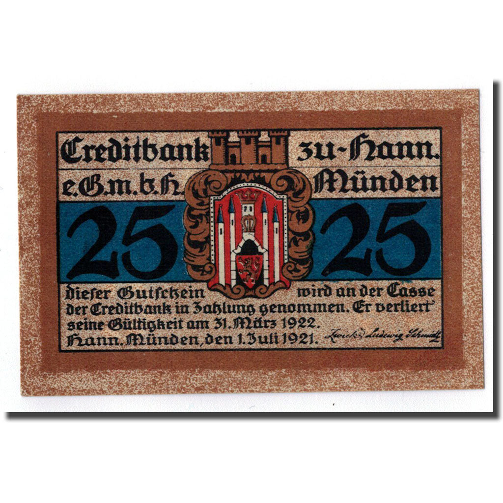 Banknot, Niemcy, Hann. Münden, 25 Pfennig, paysage, 1921, 1921-07-01, UNC(63)