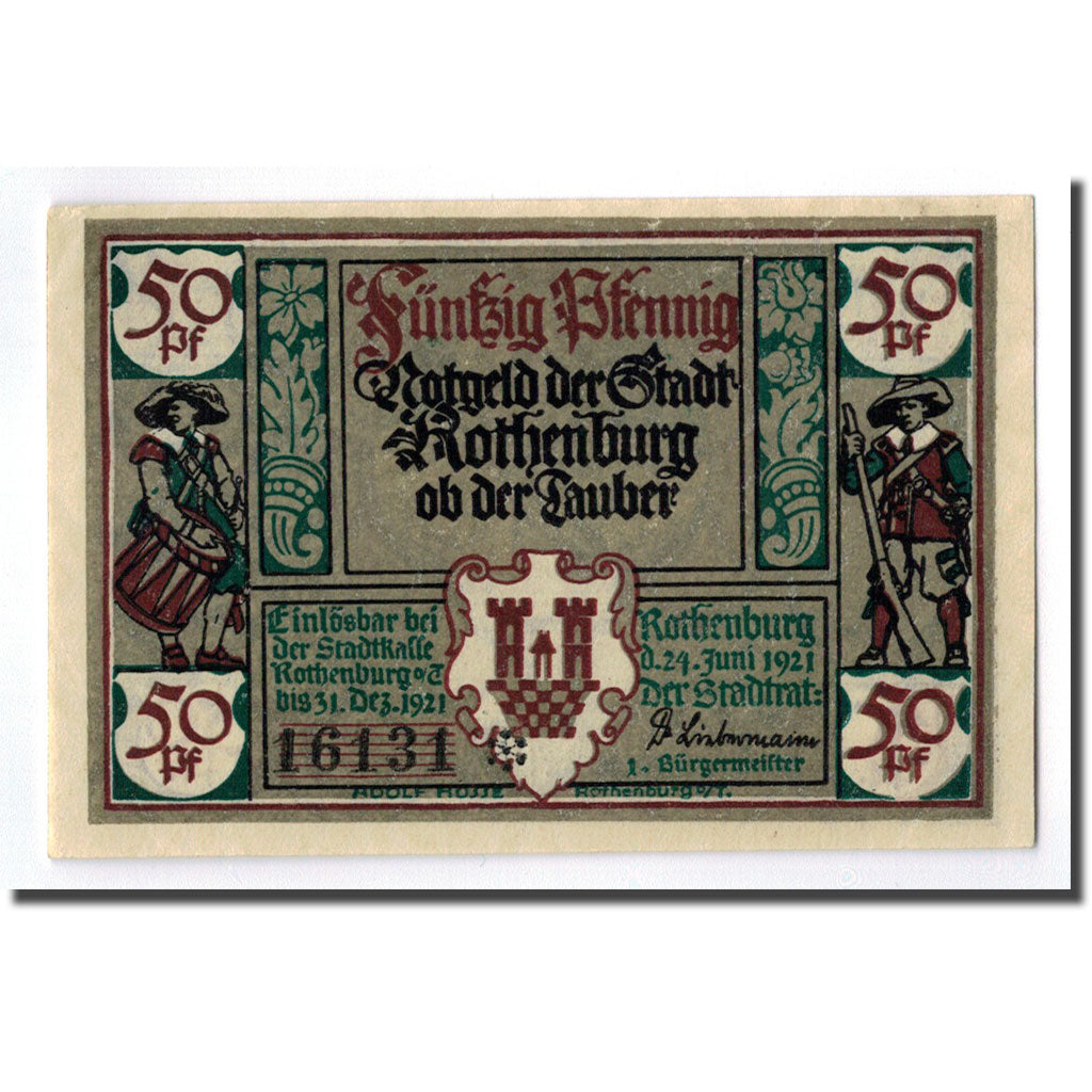 Biljet, Duitsland, Rothenburg o.T. Stadt, 50 Pfennig, portrait, 1921