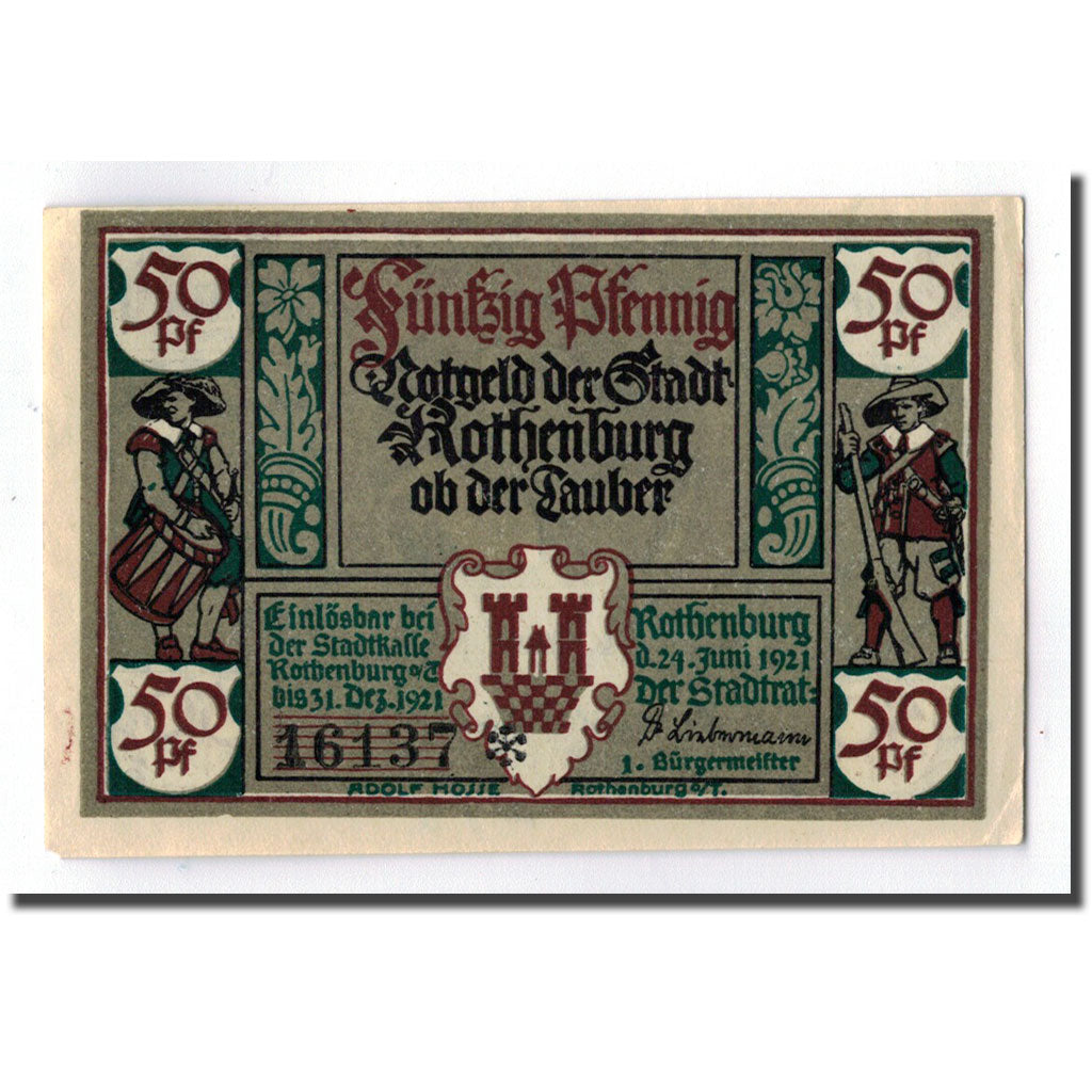Billet, Allemagne, Rothenburg o.T. Stadt, 50 Pfennig, portrait 1, 1921