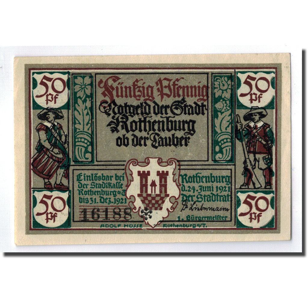 Banconote, Germania, Rothenburg o.T. Stadt, 50 Pfennig, portrait 3, 1921