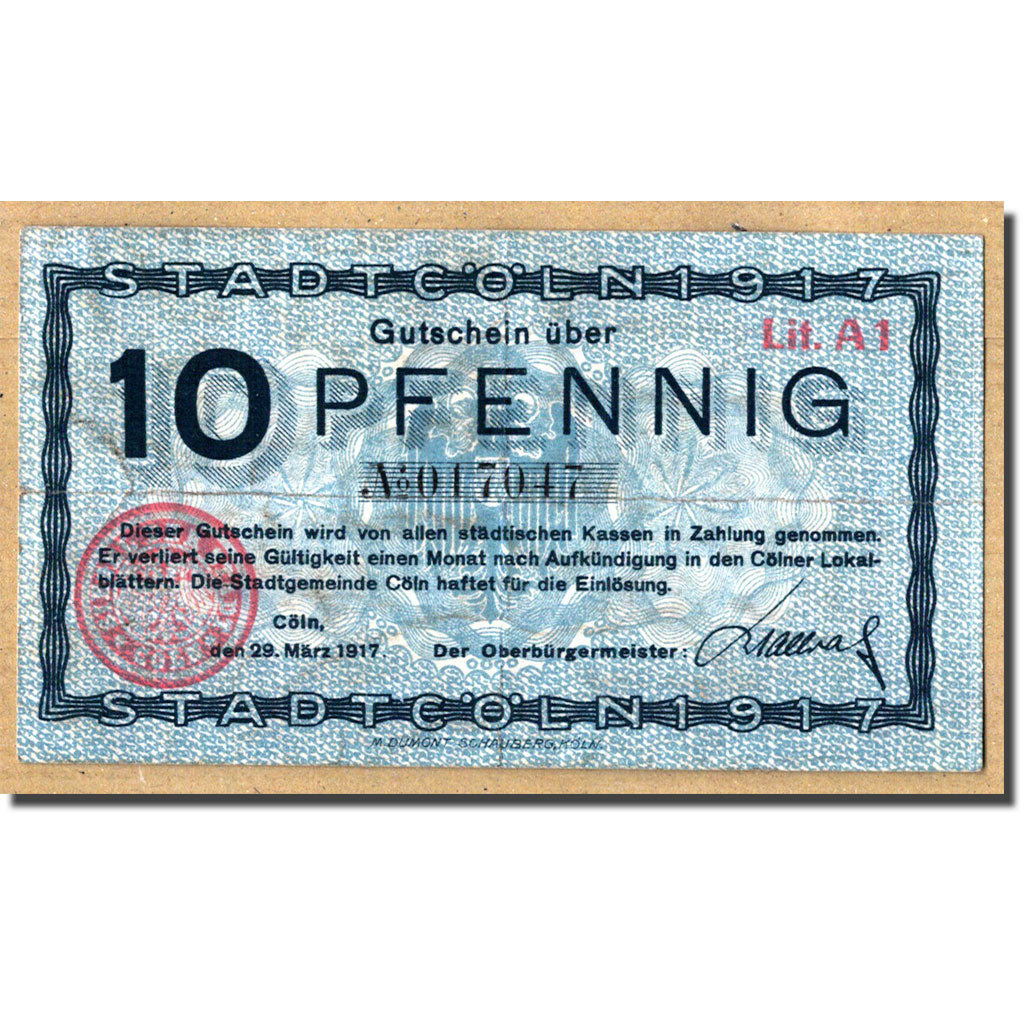 Billet, Allemagne, Cöln, 10 Pfennig, Monument, 1917, 1917-03-29, SPL