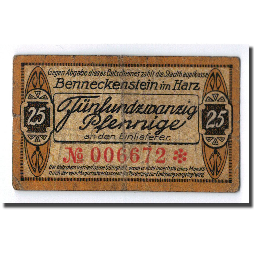 Banknot, Niemcy, Benneckenstein, 25 Pfennig, paysage, 1921, Undated, UNC(63)
