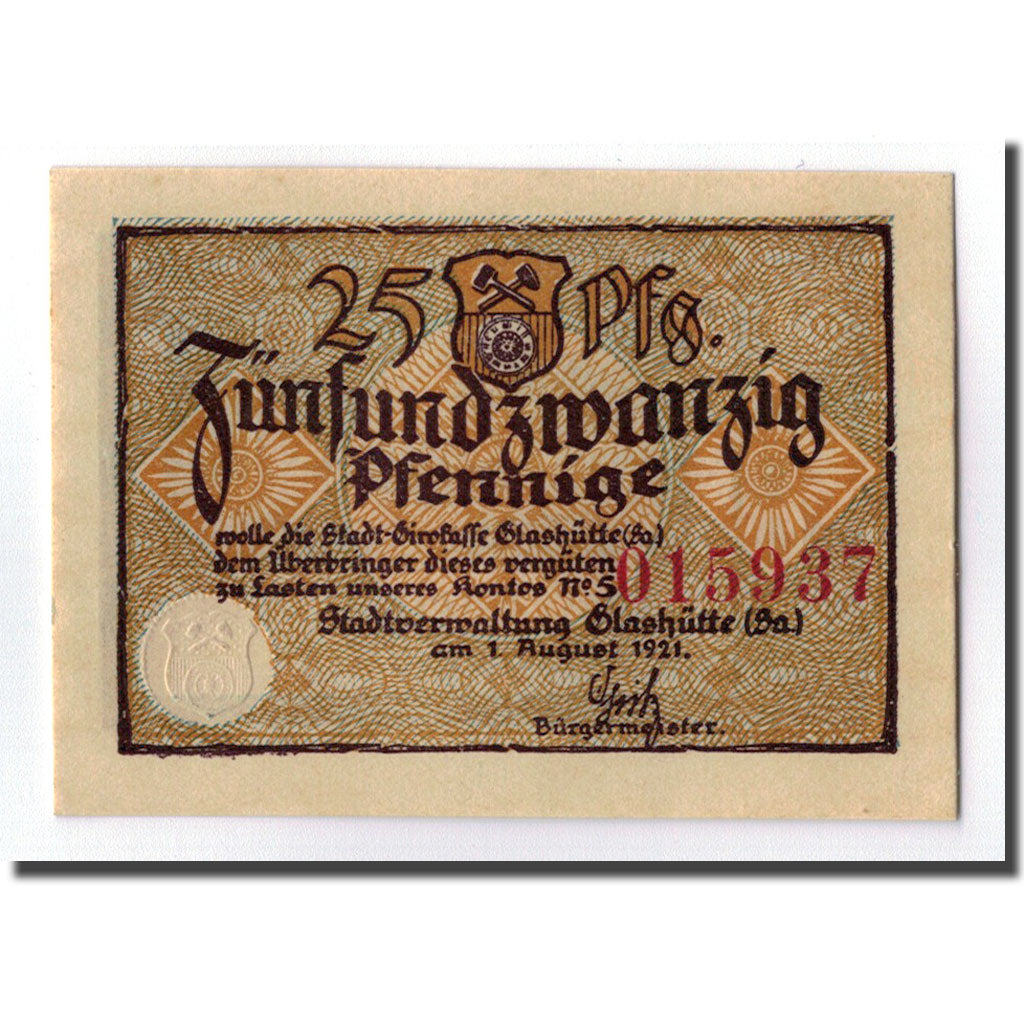 Billet, Allemagne, Glashutte, 25 Pfennig, Maison, 1921, SPL, Mehl:430.1
