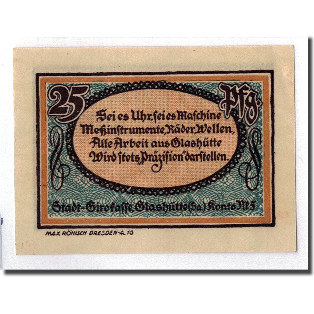 Banknot, Niemcy, Glashutte, 25 Pfennig, Citation, 1921, Undated, UNC(63)