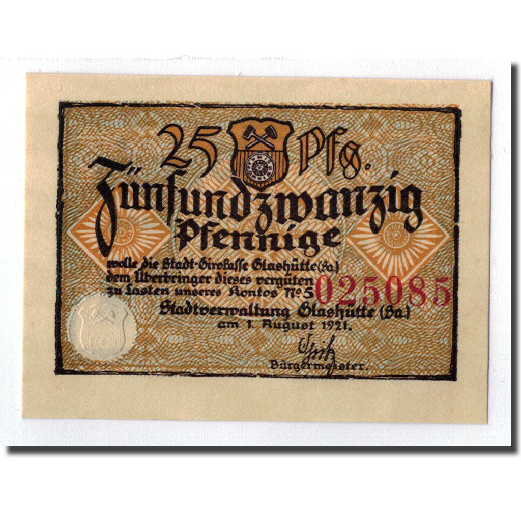 Banknot, Niemcy, Glashutte, 25 Pfennig, objets 1, 1921, Undated, UNC(63)