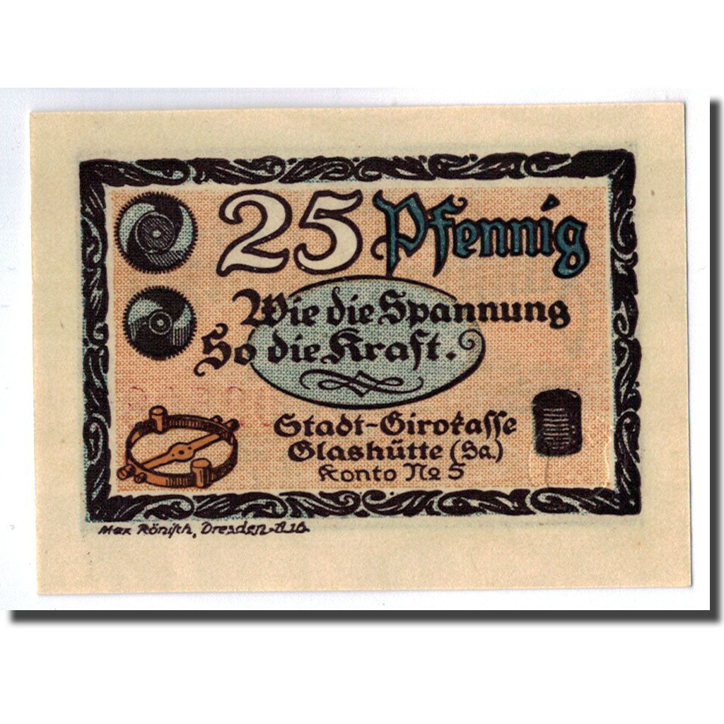 Banknot, Niemcy, Glashutte, 25 Pfennig, objets 1, 1921, Undated, UNC(63)