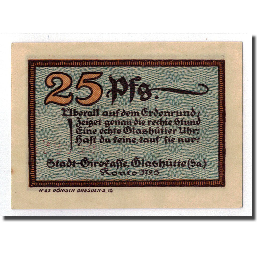 Banconote, Germania, Glashutte, 25 Pfennig, Citation 1, 1921, SPL, Mehl:430.1
