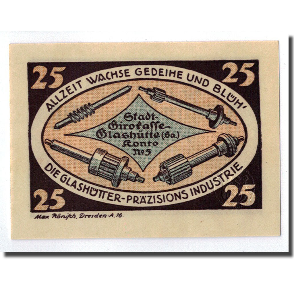Banknot, Niemcy, Glashutte, 25 Pfennig, outils, 1921, Undated, UNC(63)
