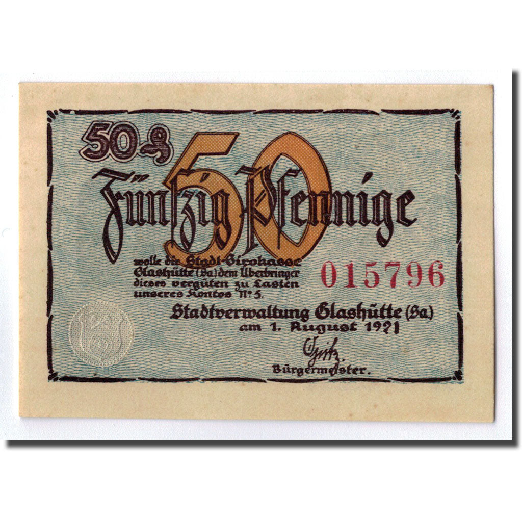 Banconote, Germania, Glashutte, 50 Pfennig, paysage, 1921, SPL, Mehl:430.1