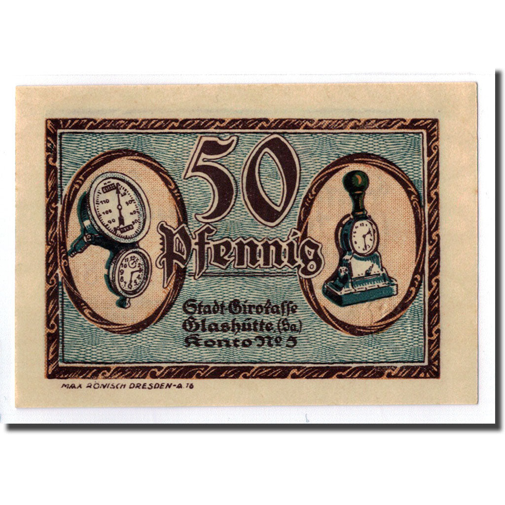 Banknot, Niemcy, Glashutte, 50 Pfennig, Objets, 1921, Undated, UNC(63)