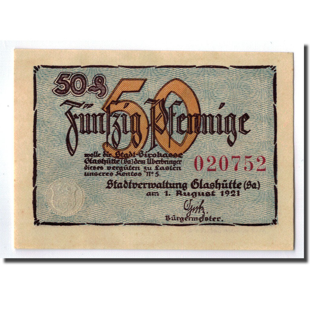 Banknot, Niemcy, Glashutte, 50 Pfennig, Objet, 1921, Undated, UNC(63)