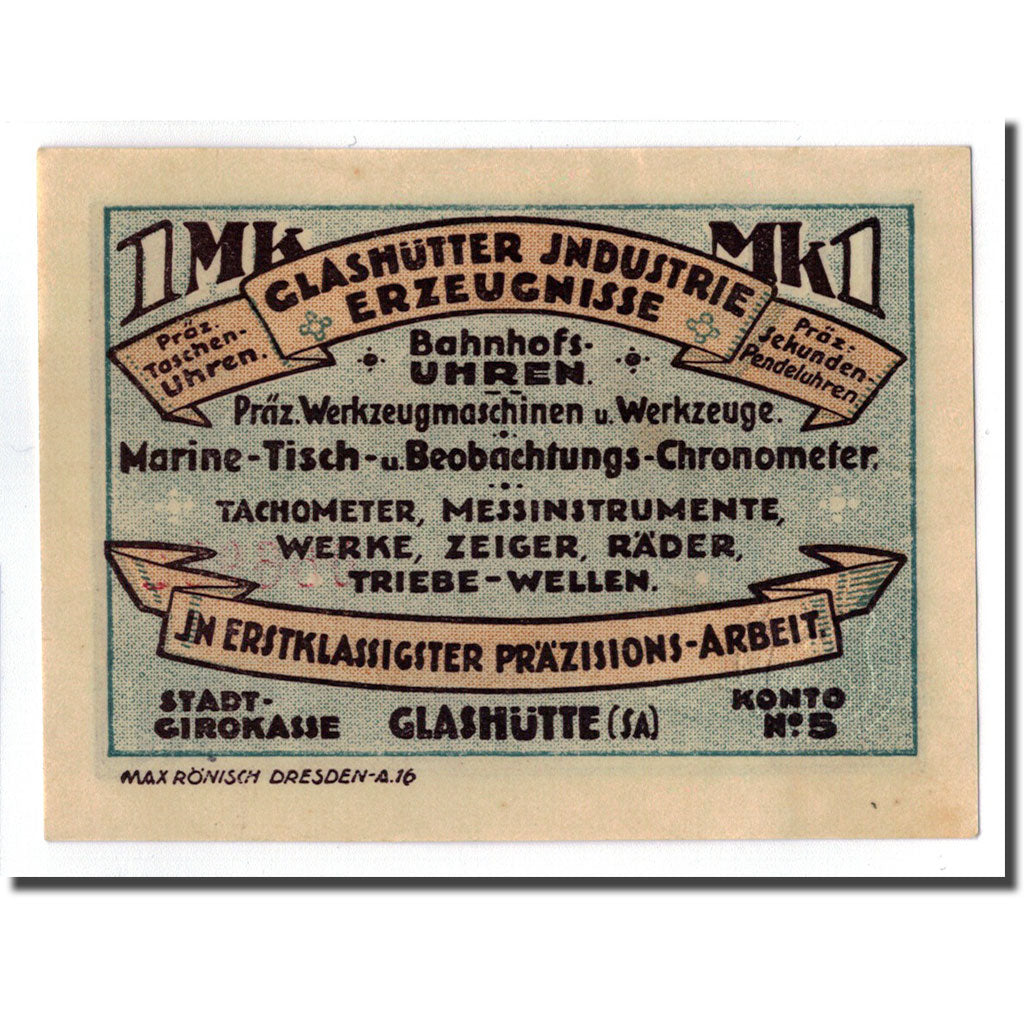 Banknot, Niemcy, Glashutte, 1 Mark, Citation, 1921, Undated, UNC(63), Mehl:430.1