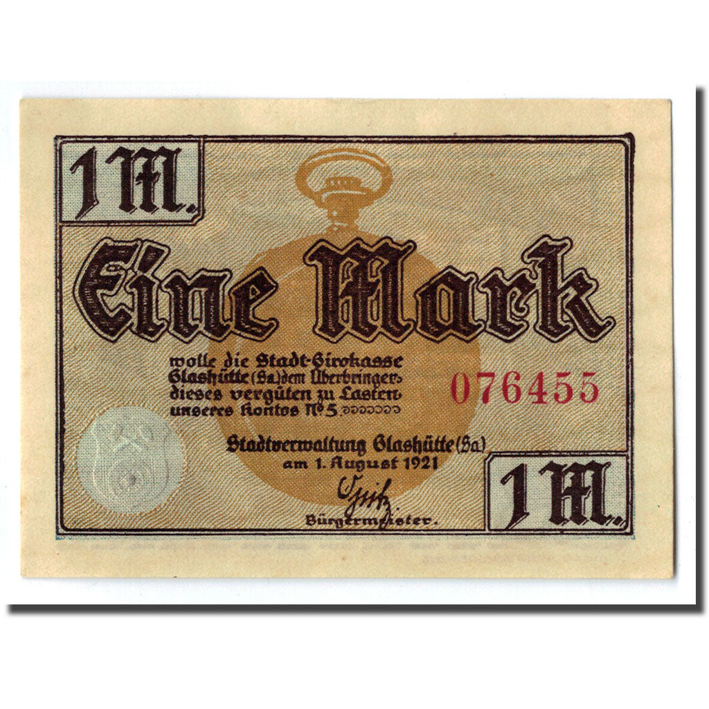 Biljet, Duitsland, Glashutte, 1 Mark, manoir 1, 1921, SPL, Mehl:430.1