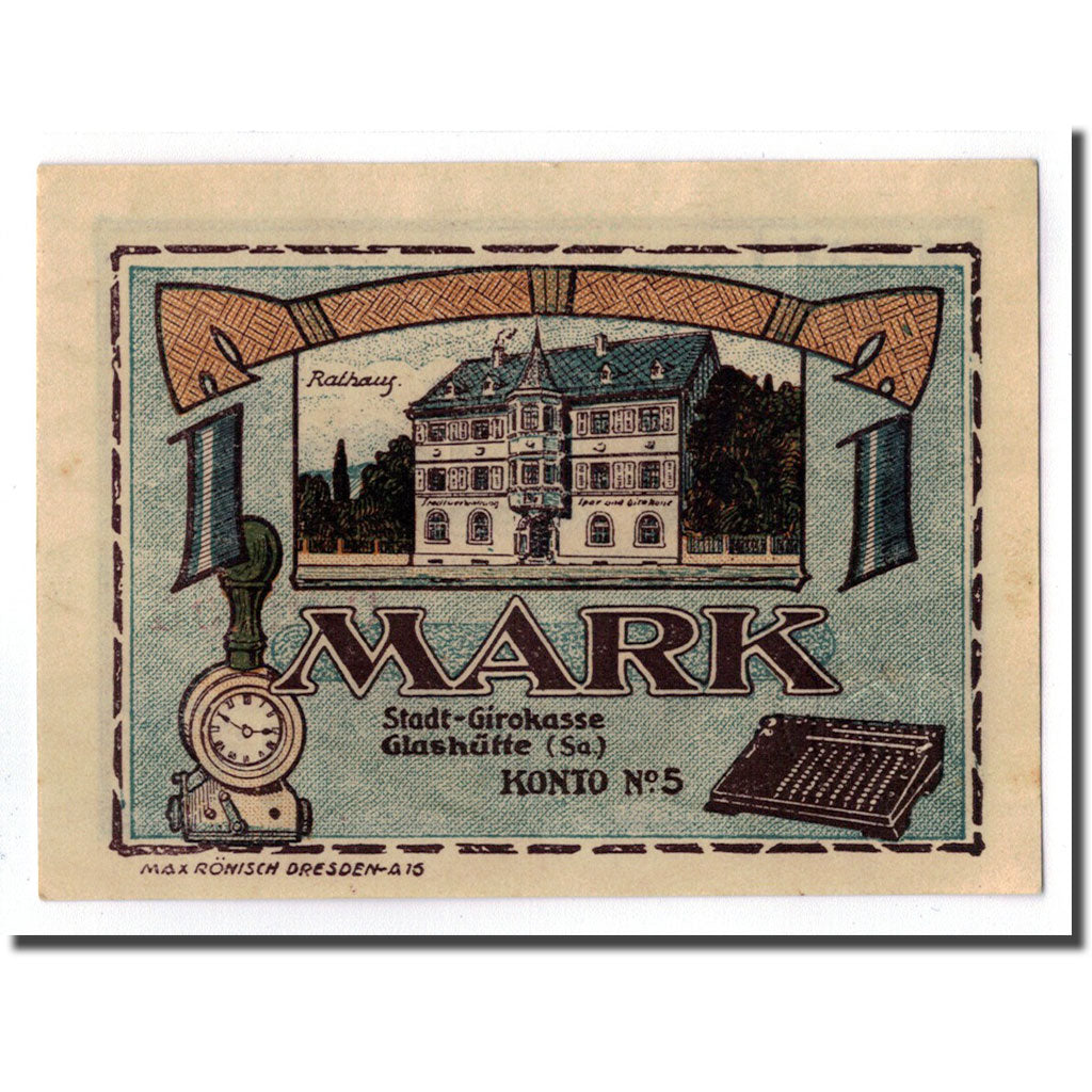 Biljet, Duitsland, Glashutte, 1 Mark, manoir 1, 1921, SPL, Mehl:430.1