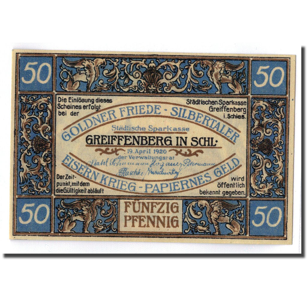Banknot, Niemcy, Greiffenberg, 50 Pfennig, paysage, 1920, 1920-04-19, UNC(63)