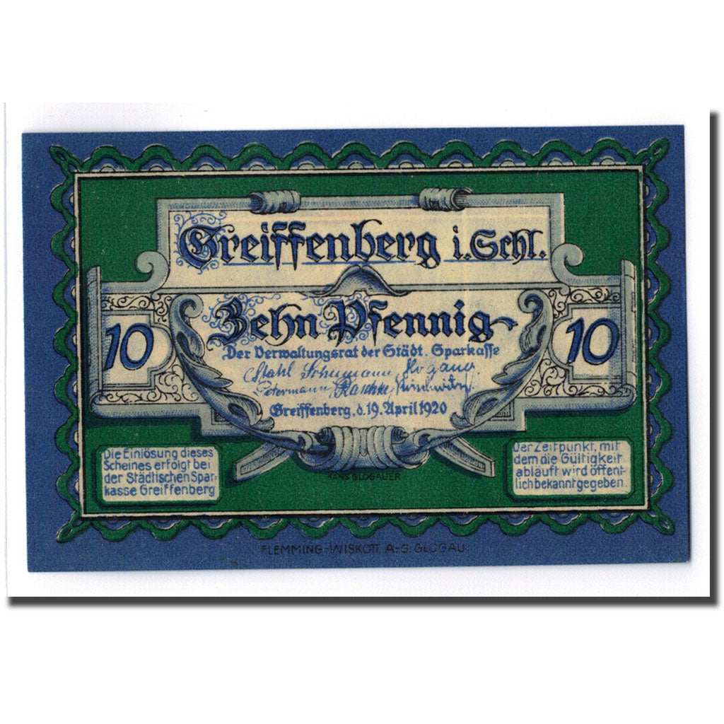 Banknot, Niemcy, Greiffenberg, 10 Pfennig, paysage, 1920, 1920-04-19, UNC(63)