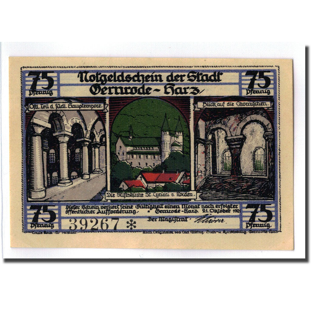 Banknot, Niemcy, Gernrode a. H., 75 Pfennig, Eglise, 1921, 1921-10-21, UNC(63)