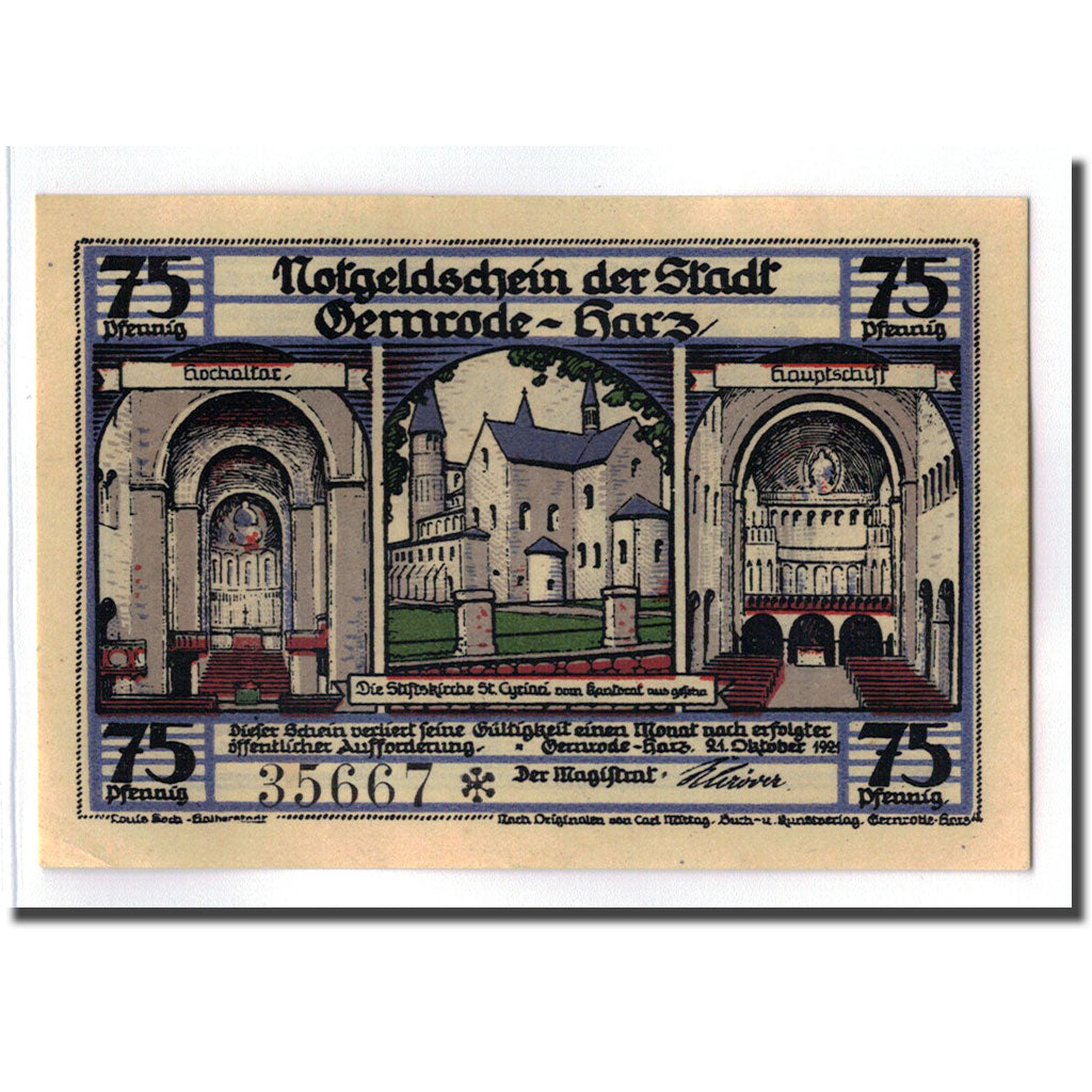 Banknot, Niemcy, Gernrode a. H., 75 Pfennig, Monument, 1921, 1921-10-21