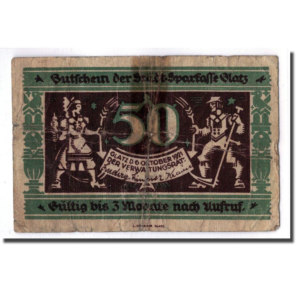 Banknot, Niemcy, Glatz, 50 Pfennig, personnage, 1921, 1921-10-06, VF(20-25)
