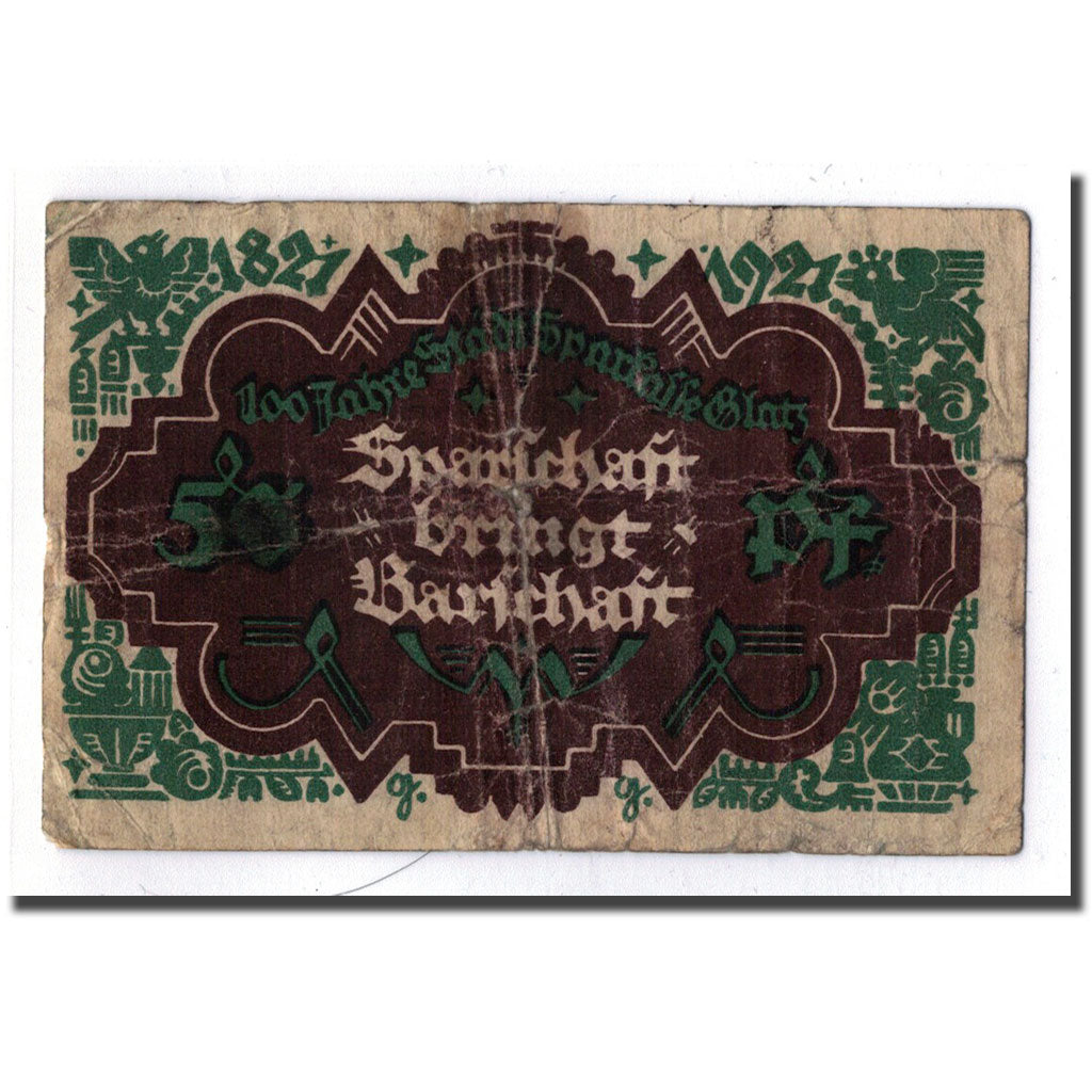 Banknot, Niemcy, Glatz, 50 Pfennig, personnage, 1921, 1921-10-06, VF(20-25)