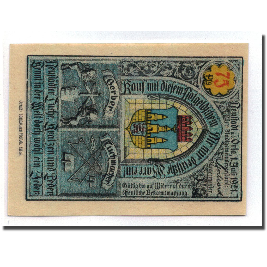 Biljet, Duitsland, Neustadt a.d Orla Stadt, 75 Pfennig, Ecusson, 1921