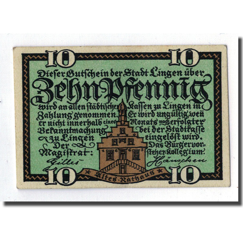 Banknot, Niemcy, Lingen Stadt, 10 Pfennig, Ecusson, 1921, 1921-04-01, UNC(63)