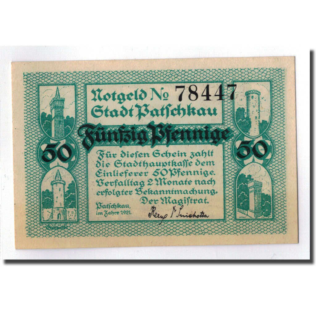 Banknot, Niemcy, Patschkau, 50 Pfennig, Batiment, 1921, Undated, UNC(63)
