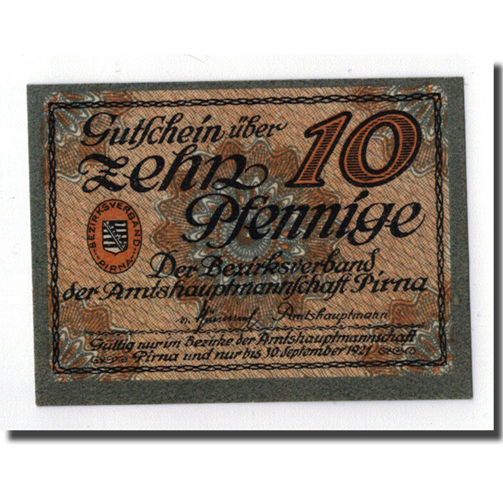 Banknot, Niemcy, Pirna, 10 Pfennig, Ecusson, 1921, 1921-09-30, UNC(63)
