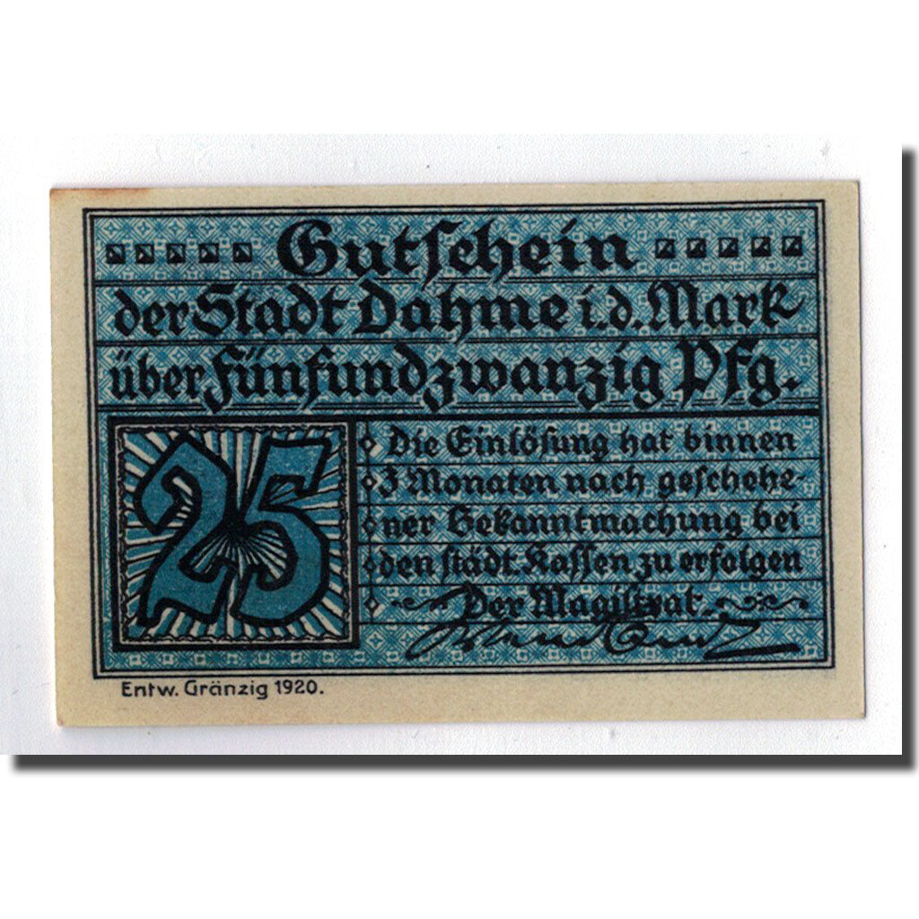 Banconote, Germania, Dahme, 25 Pfennig, château, 1920, SPL